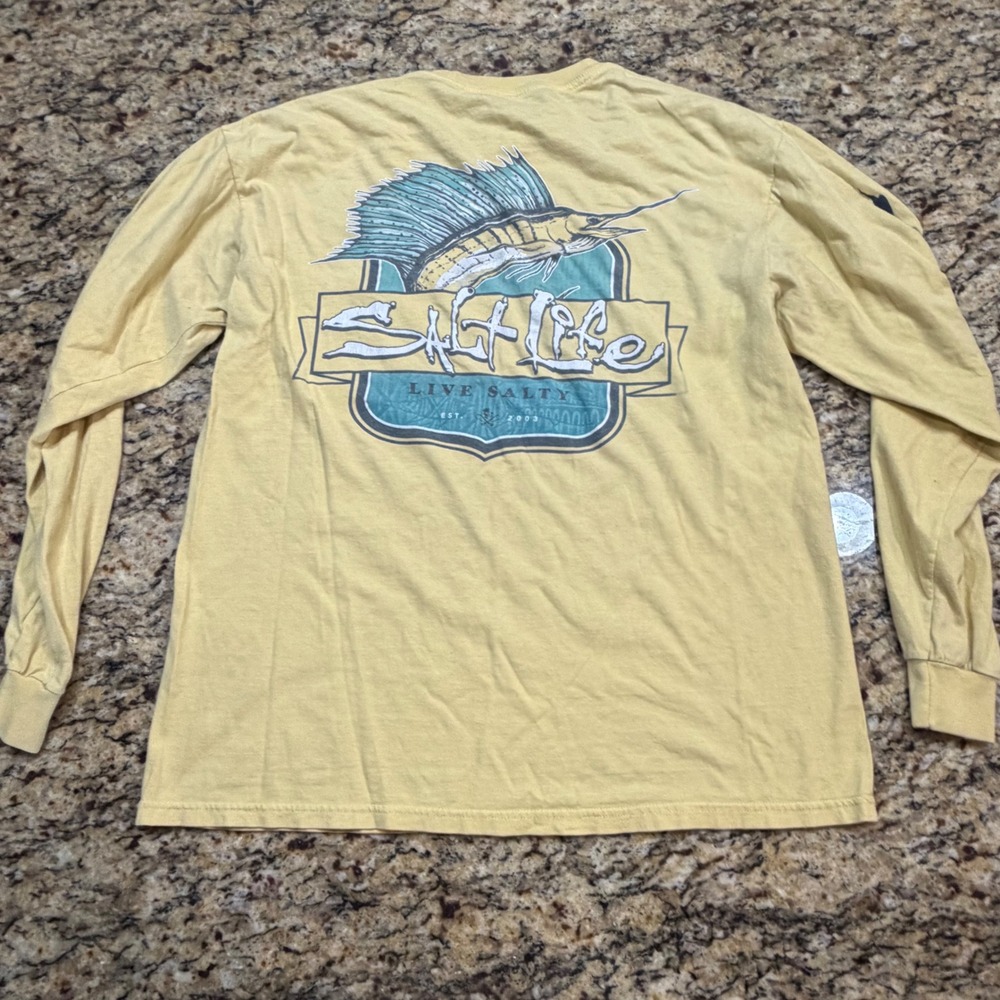 Salt Life Mens Long Sleeve Pocket T-Shirt Yellow Marlin Fishing Graphic Size M